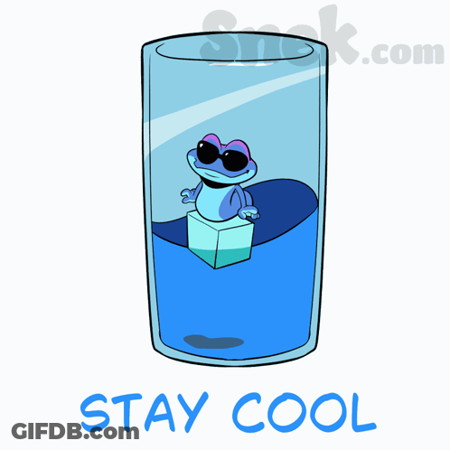 A Frog Is Sitting On A Ice Cube In A Glass Of Water With The Words Stay Cool Below It GIF