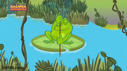 A Frog Is Sitting On A Lily Pad In A Pond With The Words Galinha Pintadinha Written Above It GIF