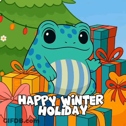 A Frog Is Sitting On A Pile Of Presents With The Words Happy Winter Holiday Written Below It GIF