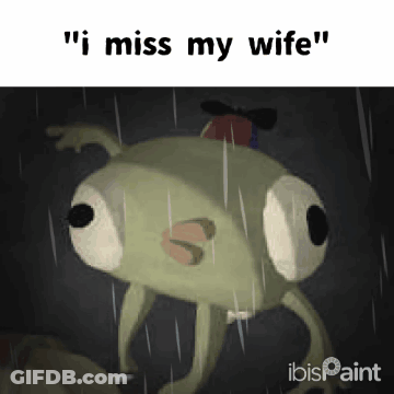 A Frog Is Standing In The Rain With The Words `` I Miss My Wife '' Written On It . GIF