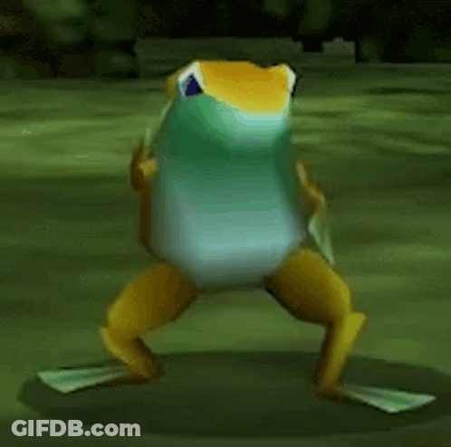 A Frog Is Standing On Its Hind Legs On A Green Surface . GIF