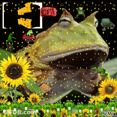 A Frog Is Surrounded By Frogs And Sunflowers With A Picmix Logo In The Corner GIF