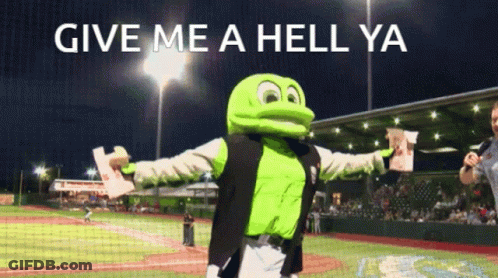 A Frog Mascot On A Baseball Field With The Text Give Me A Hell Ya GIF
