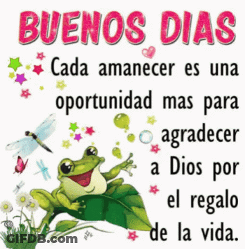Pink Words Buenos Dias With Frog On Leaf GIF