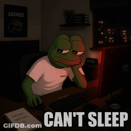 A Frog Sitting In Front Of A Computer With The Words " Can 'T Sleep " GIF