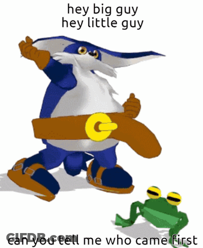 A Frog Standing Next To A Cartoon Character That Says Hey Big Guy Hey Little Guy GIF