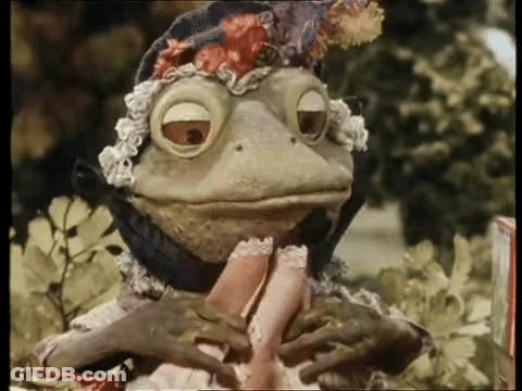 A Frog Wearing A Hat Is Holding A Woman 'S Leg GIF
