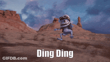 A Frog Wearing A Helmet And Goggles Is Running On A Dirt Road With The Words Ding Ding Above Him GIF