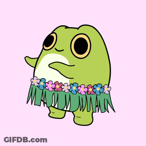 A Frog Wearing A Hula Skirt With Flowers Around Its Waist GIF