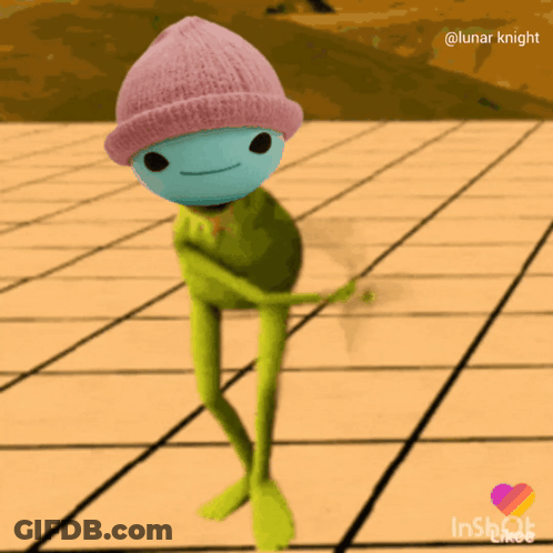 A Frog Wearing A Pink Beanie Is Dancing On A Tiled Floor GIF