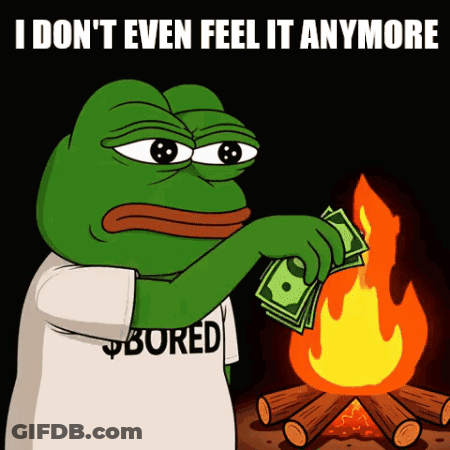 A Frog Wearing A Shirt That Says Bored Is Holding Money In Front Of A Campfire GIF
