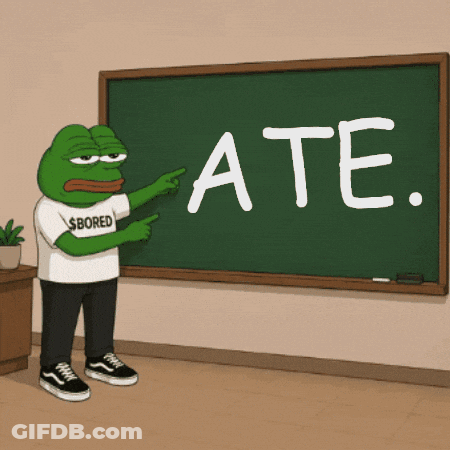 A Frog Wearing A Shirt That Says $ Bored Is Pointing At A Blackboard That Says Ate GIF