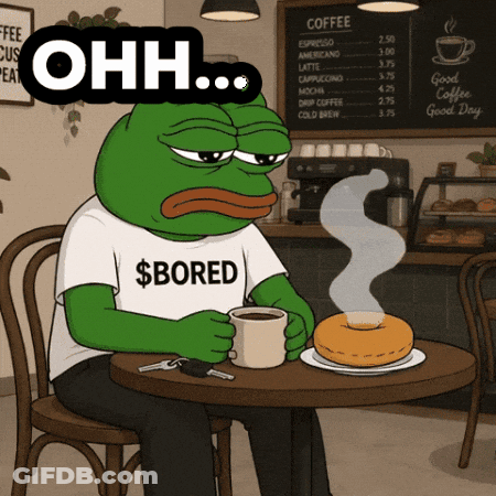A Frog Wearing A Shirt That Says $ Bored Sits At A Coffee Shop GIF