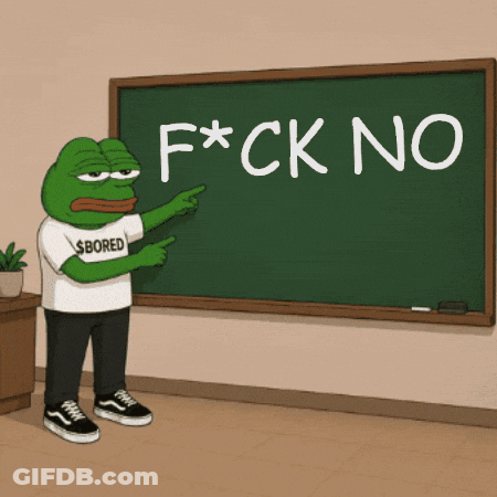 A Frog Wearing A Shirt That Says $ Bored Stands In Front Of A Blackboard That Says F * Ck No GIF