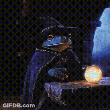 A Frog Wearing A Wizard Hat And Cape Is Holding A Magical Ball . GIF