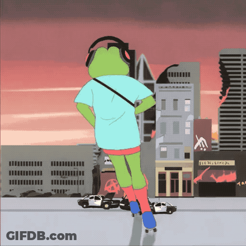 A Frog Wearing Headphones Is Riding A Skateboard In Front Of A Building That Says Electrical GIF