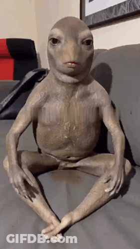 A Frog With A Human Body Is Sitting On A Couch With Its Legs Crossed . GIF