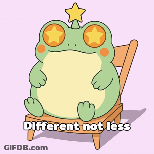 A Frog With A Star On Its Head Sits On A Chair With The Words Different Not Less Written Below It GIF