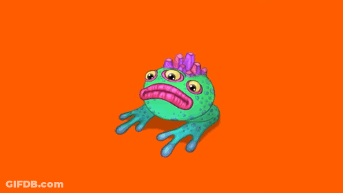 A Frog With Purple Eyes And A Pink Mouth Is Sitting On An Orange Background . GIF