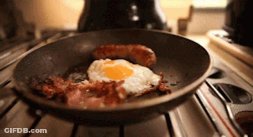 A Frying Pan Filled With Eggs Bacon And Sausage GIF
