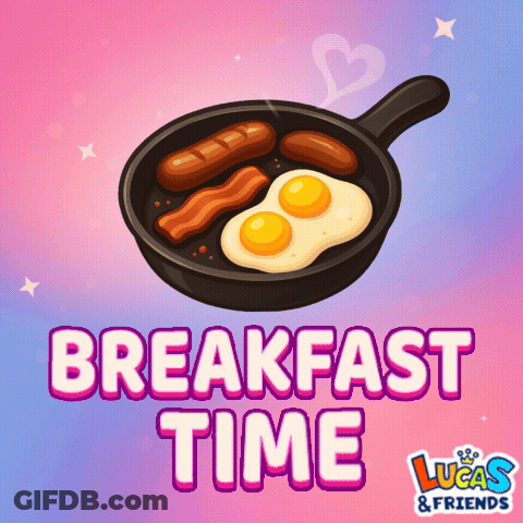 A Frying Pan With Eggs Bacon And Sausage With The Words Breakfast Time On The Bottom GIF