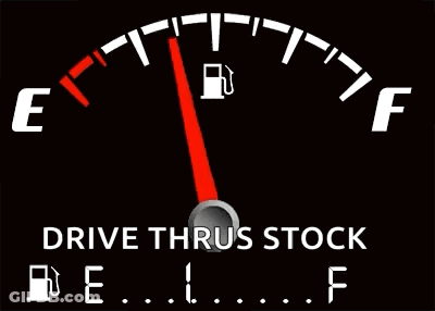 A Fuel Gauge That Says " Drive Thru Stock " At The Bottom GIF