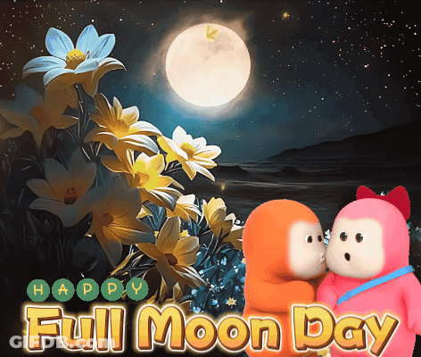 A Full Moon Day Card With Two Stuffed Animals Kissing In Front Of Flowers GIF