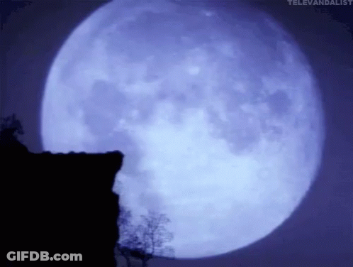 A Full Moon Is Shining Brightly In The Night Sky Over A Cliff . GIF