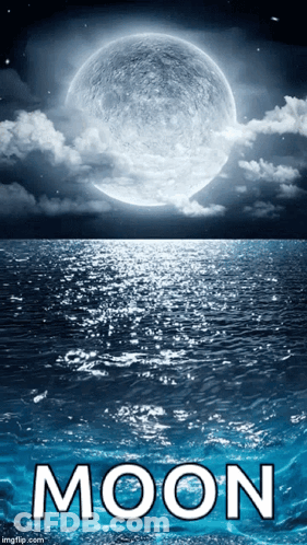 A Full Moon Over The Ocean With The Word Moon Below It GIF