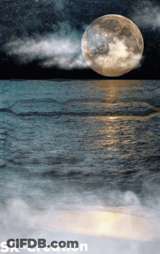 A Full Moon Rises Over A Body Of Water With Sk-Creation Written On The Bottom GIF