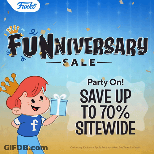 A Funko Anniversary Sale Poster With A Boy Holding A Gift GIF