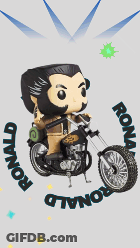 A Funko Pop Of Wolverine Is Riding A Motorcycle With The Word Boom Behind Him GIF