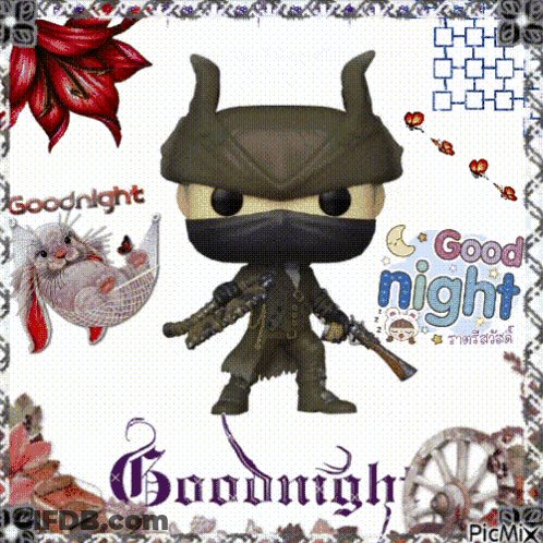 A Funko Pop With Horns Is Holding A Gun And Saying Good Night GIF
