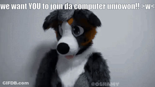 A Furry Dog With The Words We Want You To Join Da Computer Uniowon Written Above It GIF