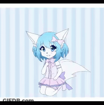 A Furry Girl With Blue Hair And A Pink Bow Is Kneeling Down On A Striped Background . GIF