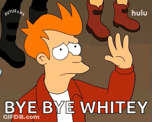 A Futurama Character Says Bye Bye Whitey In Front Of A Pair Of Boots GIF
