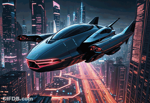 A Futuristic Airplane Is Flying Over A Futuristic City At Night GIF