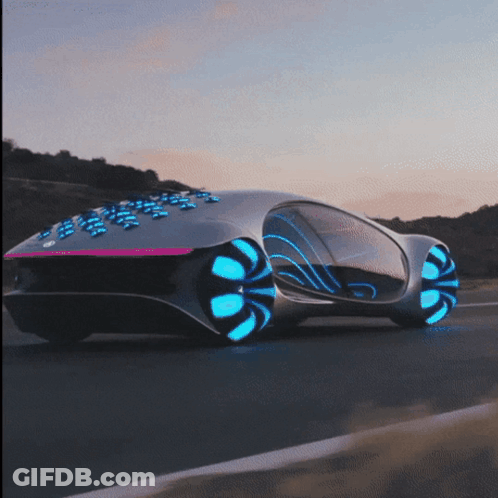 A Futuristic Car With Blue Lights On The Wheels GIF