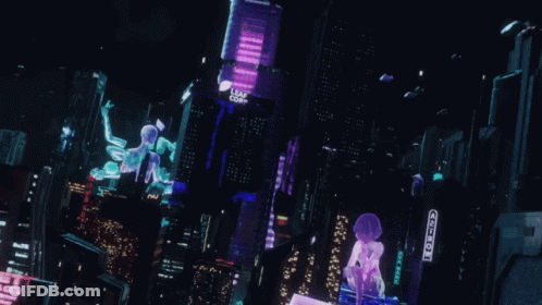 A Futuristic City At Night With A Leaf Corp Sign In The Background GIF