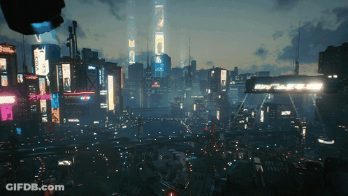 A Futuristic City At Night With A Purple Sign That Says ' Tokyo ' GIF