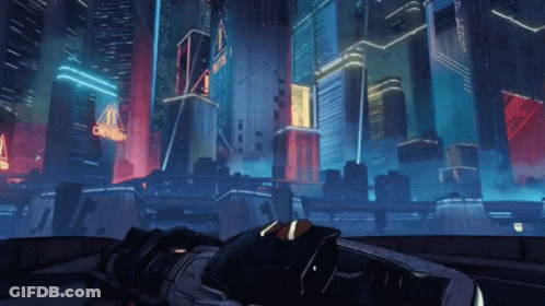 A Futuristic City At Night With A Sign That Says ' Carpe Diem ' On It GIF