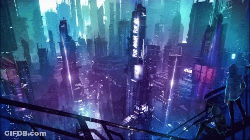 A Futuristic City At Night With A Sign That Says For Anyone For All GIF