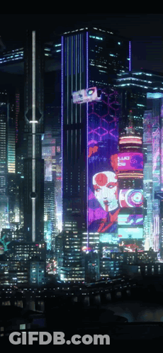 A Futuristic City At Night With A Sign That Says ' Netflix ' GIF