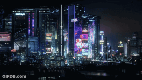 A Futuristic City At Night With A Sign That Says Sofaya On It GIF