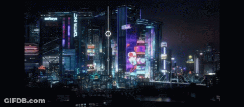 A Futuristic City At Night With A Sign That Says ' Tema Jc ' On It GIF