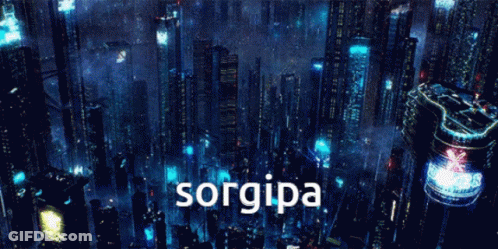 A Futuristic City At Night With The Word Sorgipa Above It GIF
