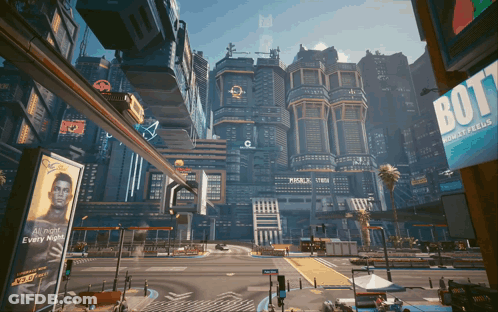 A Futuristic City With A Sign That Says " Bot " On It GIF