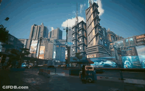 A Futuristic City With A Sign That Says ' Pro ' In The Middle GIF