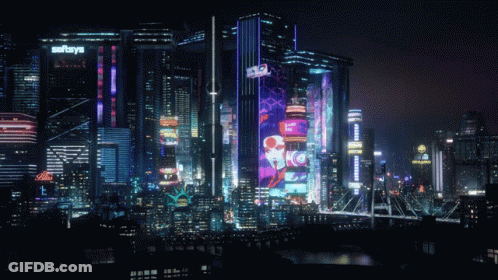 A Futuristic City With A Sign That Says Sonyays On It GIF