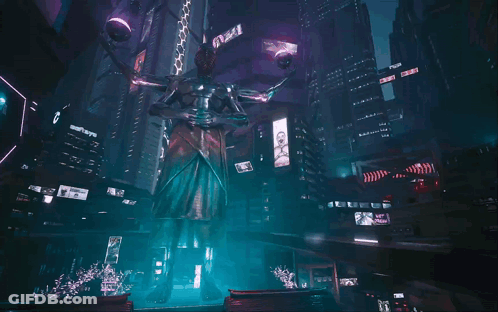 A Futuristic City With A Statue In The Middle And A Sign That Says ' G ' On It GIF